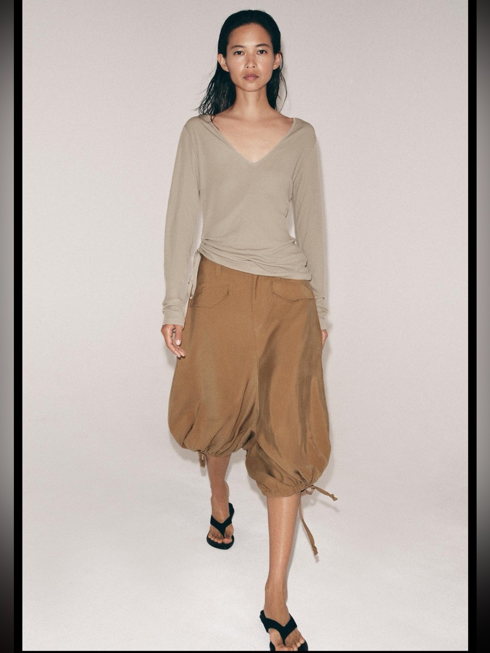 Zara V neck cotton T- shirt with side ties , long sleeves, neutral color